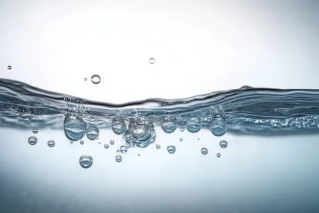 Small air bubbles rise through clear water under a gently rippled surface with bright light reflections.