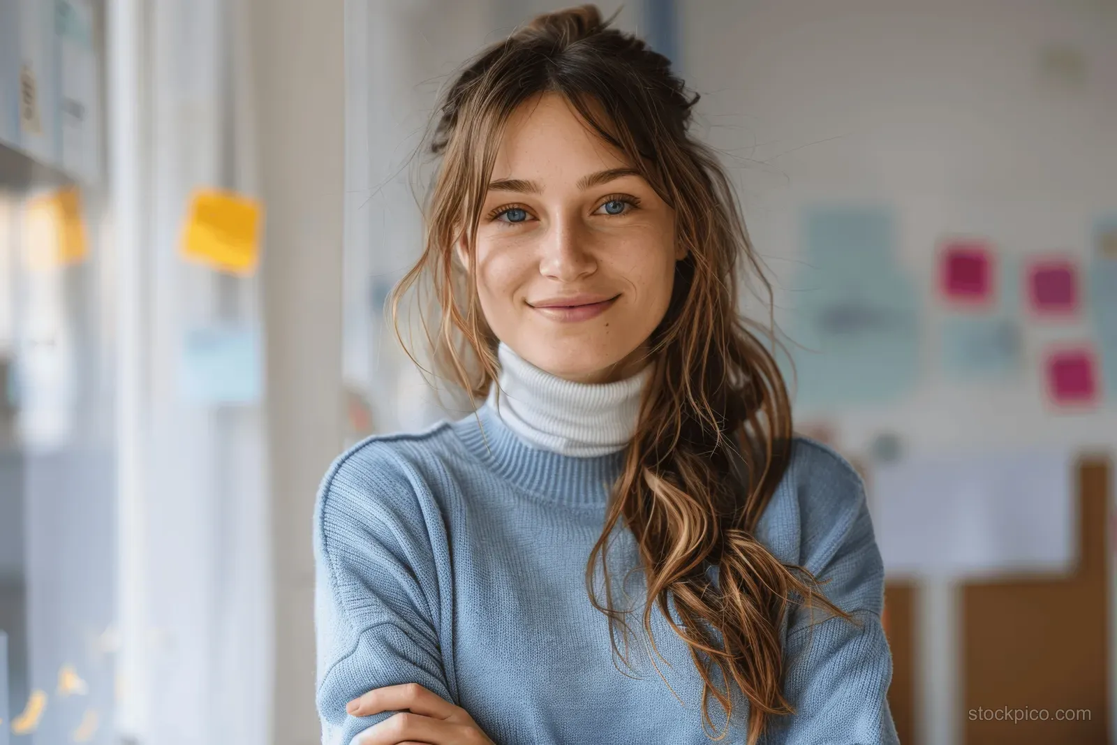 Smiling woman in a blue sweater with arms crossed in an office while sticky notes cover the background wall.