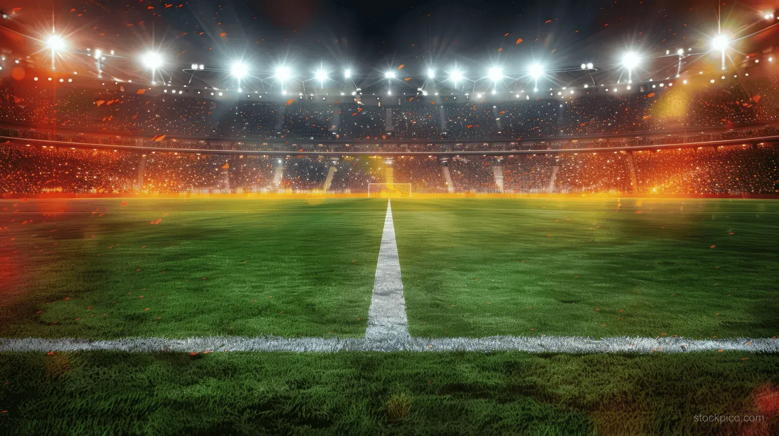 A neon-lit soccer stadium at night with a glowing green field and bright overhead stadium lights.