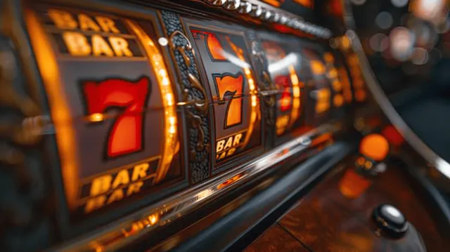 Golden slot machine displaying number 7 with glowing casino lights and blurred background