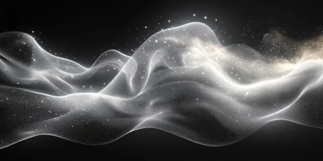Glowing dotted wave made of particles, flowing through dark space with soft white highlights