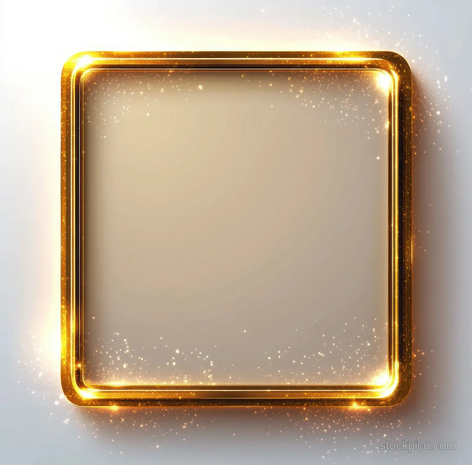 A glowing golden square frame surrounded by sparkling light particles on a soft gradient background.