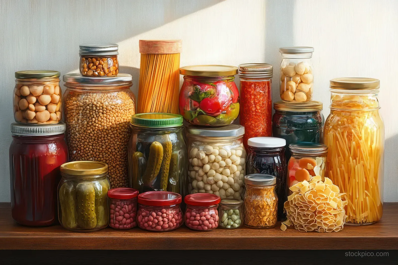 Glass jars of preserved vegetables, beans, pasta, and grains arranged on a wooden shelf in natural light.