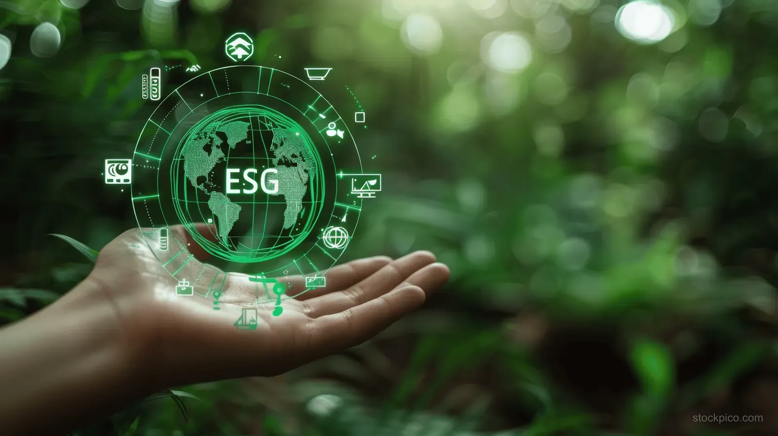 Hands display a glowing ESG hologram globe with responsibility icons over a blurred green forest background.