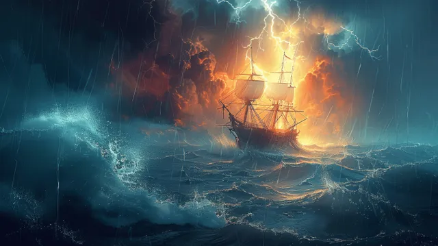 Futuristic ship steering through a stormy ocean as calm light reveals Jesus on deck