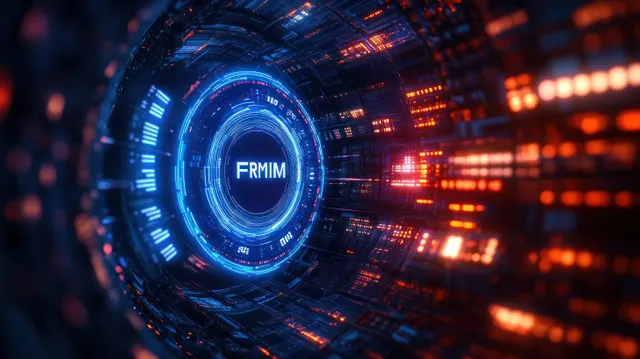 Neon blue and orange light tunnel spirals into a glowing circular data core surrounded by circuit-like patterns.