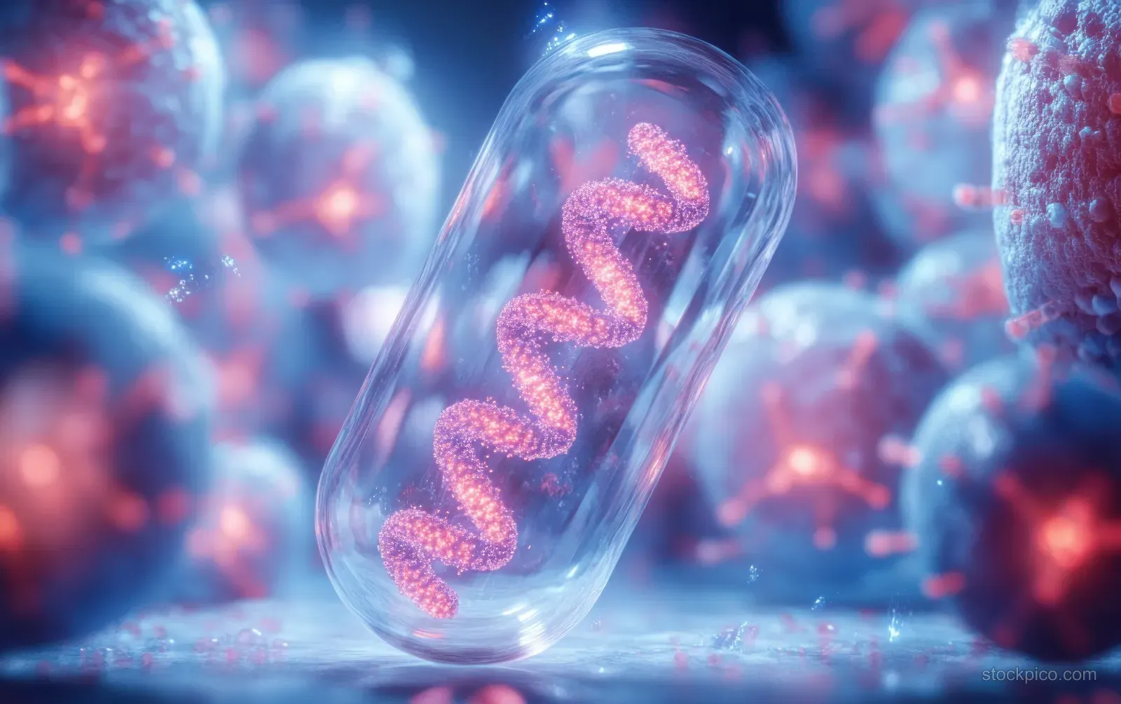 A glowing DNA helix sits in a transparent medical capsule among translucent blue cellular forms.