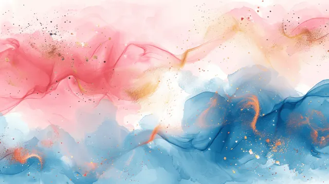 Pastel pink and blue watercolor splash background with faint gold speckles and airy misty texture.