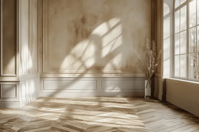 Minimalist dining room with light herringbone floor and sunlit beige wall shadows