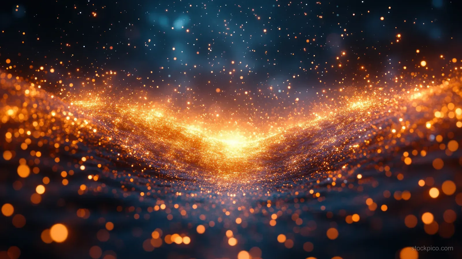 Golden fireworks sparks swirl across a dark blue background in an abstract celebration burst.