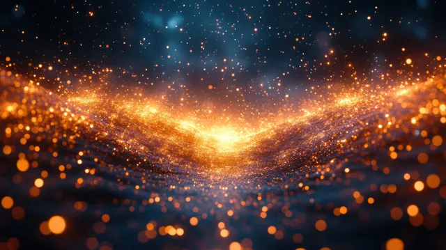 Golden fireworks sparks swirl across a dark blue background in an abstract celebration burst.