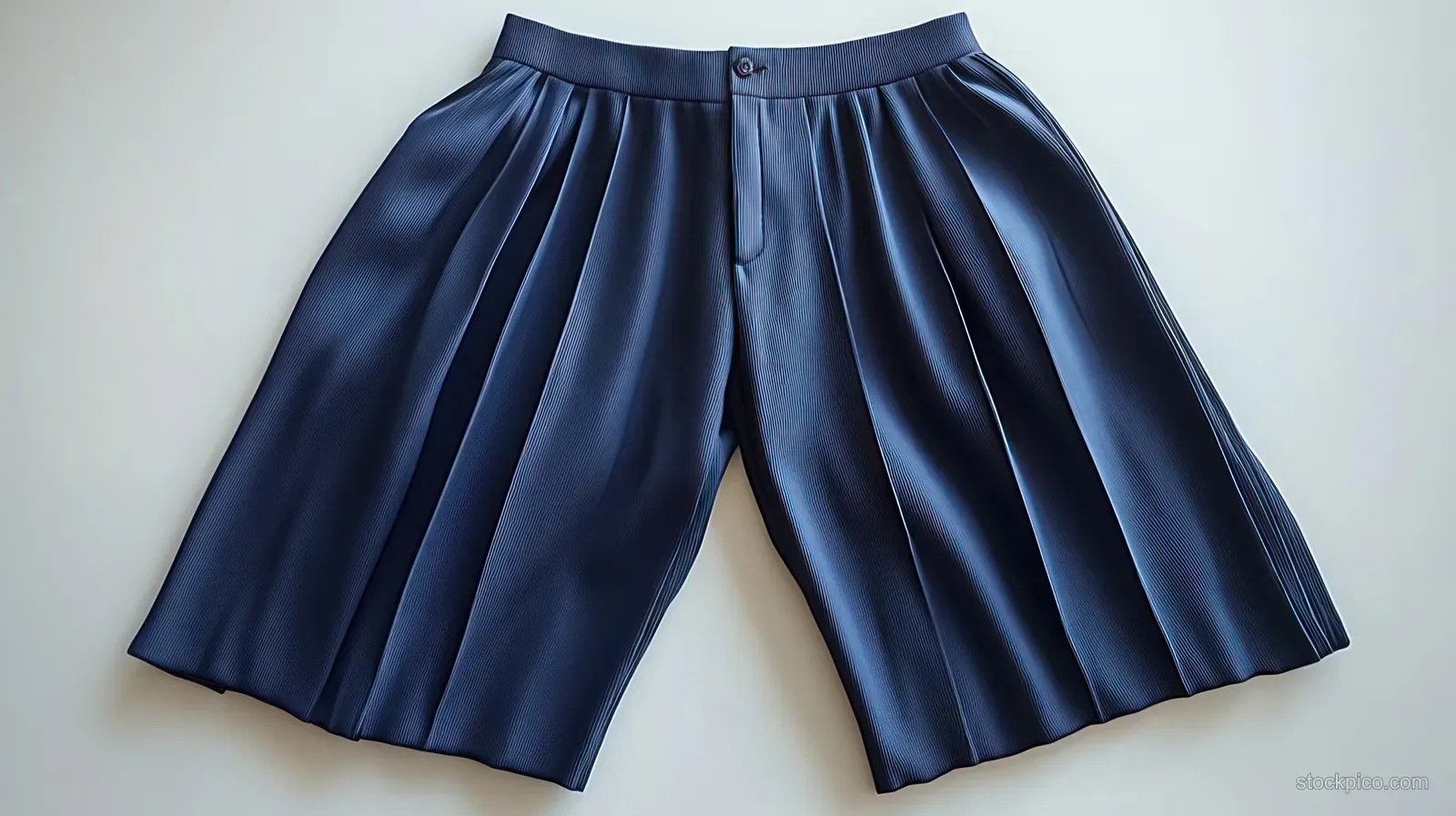 Navy pleated shorts are laid flat on a light surface, showing a buttoned waistband and flowing fabric.