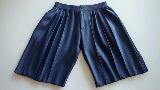Navy pleated shorts are laid flat on a light surface, showing a buttoned waistband and flowing fabric.