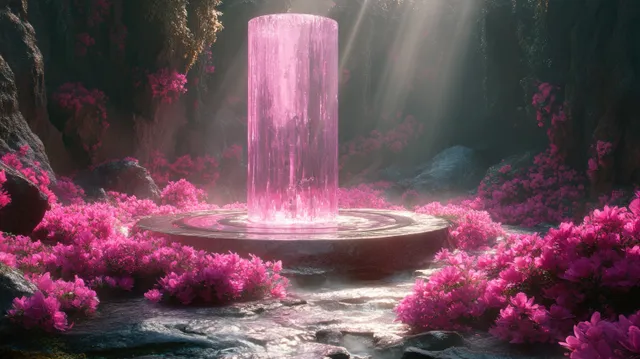 A glowing circular podium in a dark forest is surrounded by pink flowers and ethereal mist-lit rocks.