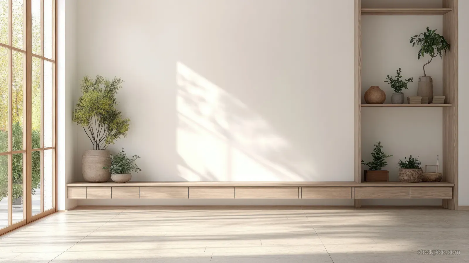 Sunlit minimalist interior showing a large window, wooden floor, low floating shelf, and potted plants casting shadows.