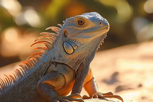Close-up of an iguana basking in sunlight with detailed scales and spines.