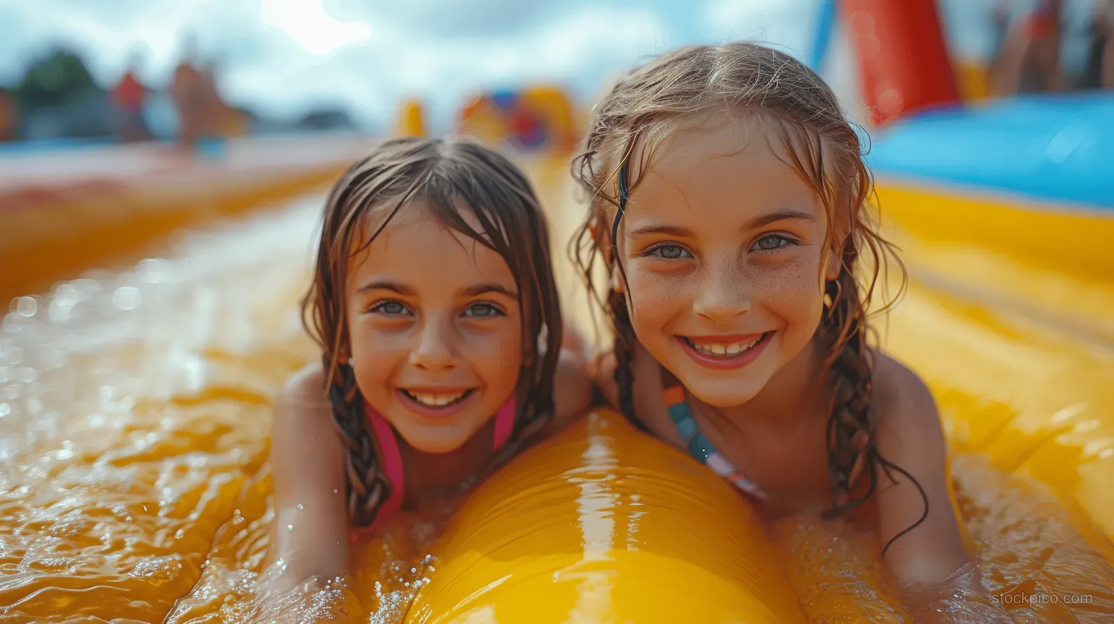 Two girls laugh while sliding down an inflatable water bouncy castle with splashing water.