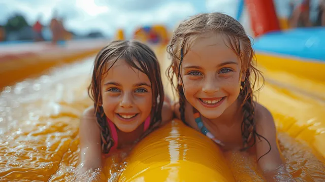 Two girls laugh while sliding down an inflatable water bouncy castle with splashing water.