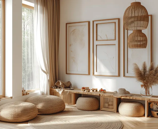 Sunlit Scandinavian kids room with wooden framed wall art, beige curtains, cushions, and a low toy storage play area.