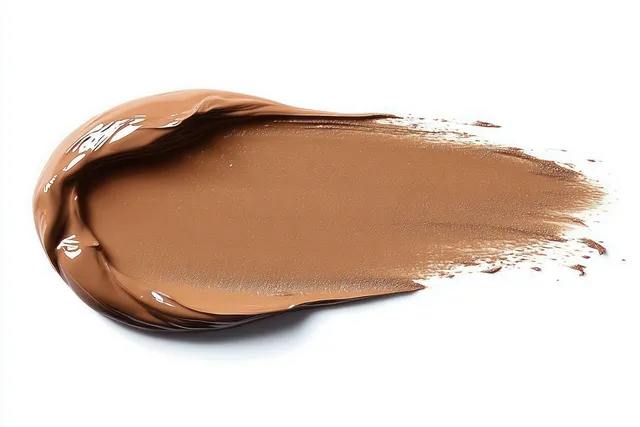Brown cream foundation swatch spread on white background, glossy texture close-up