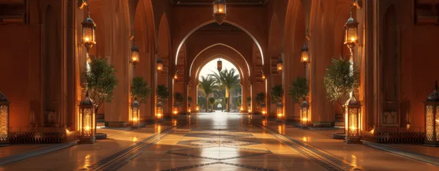A luxurious Arabian corridor at night features arched passages illuminated by warm lanterns, leading to an exotic indoor hall.