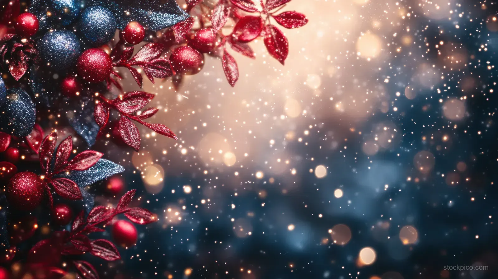 Red and blue stars float above a dark festive banner with glowing bokeh and red floral details.