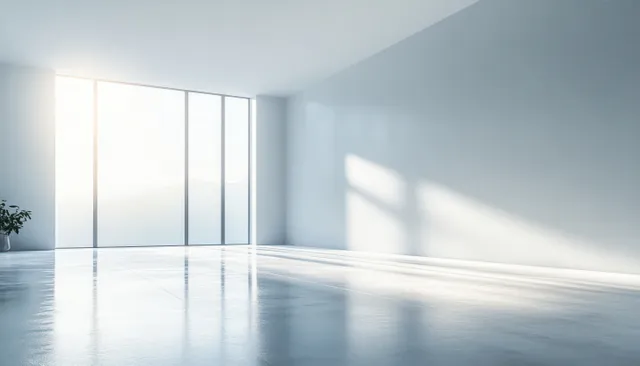 Empty minimalist room with floor-to-ceiling windows letting sunlight reflect on a glossy floor.