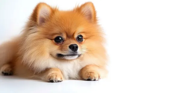 Close-up fluffy orange and white Pomeranian lying down on white surface with Teddy Bear Look