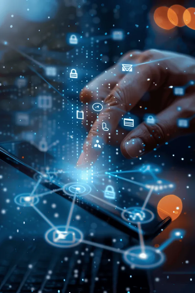 Hands using a tablet with glowing network and file icons over a digital management interface.