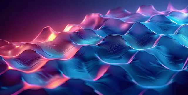 Neon fluid wave ribbons ripple across a dark blue and purple gradient background