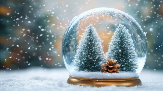 Snow globe with two miniature pine trees and a pine cone, snowflakes falling inside a glass dome against a blurred winter scene.