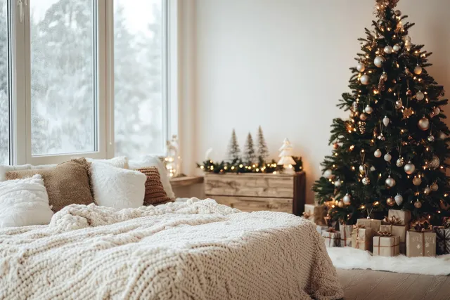 Scandinavian bedroom with a decorated Christmas tree, white knitted bedspread, and soft natural light from large windows.