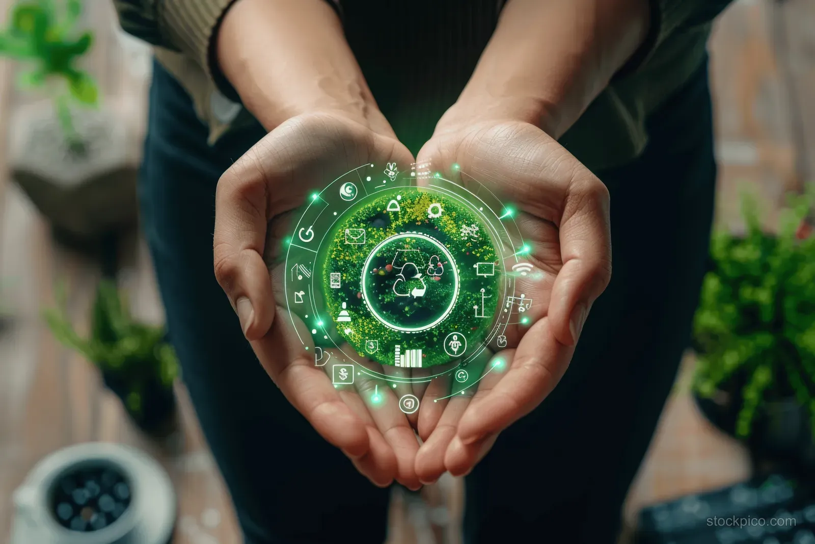 A person holds a glowing green circular eco icon showing life-cycle assessment and carbon footprint metrics.