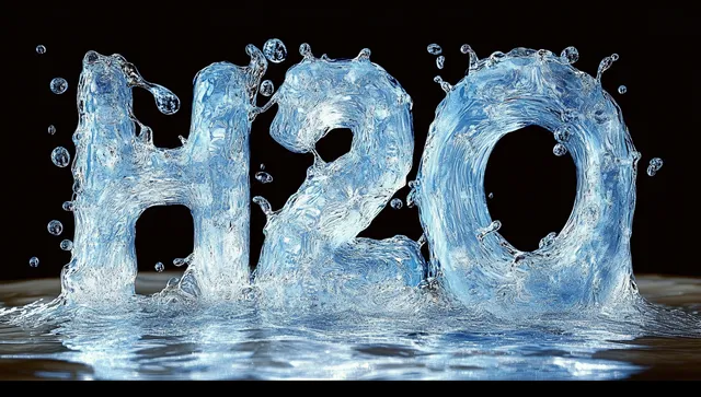 3D H2O water splash forming the chemical formula on reflective dark surface