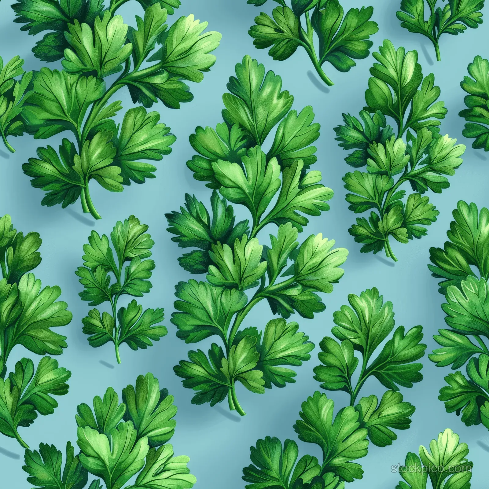 Scattered fresh green parsley sprigs with detailed leaves on a light blue background.