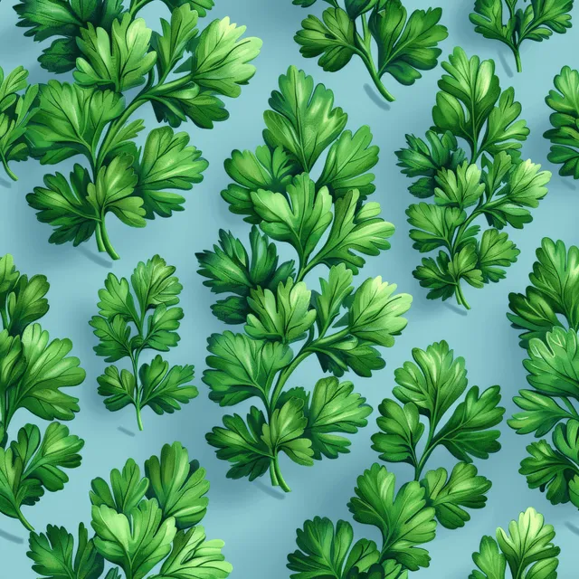 Fresh green parsley sprigs scattered on a light blue background