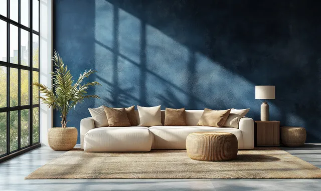 Beige minimalist sofa sits on a textured rug against a deep navy wall under geometric window light shadows.