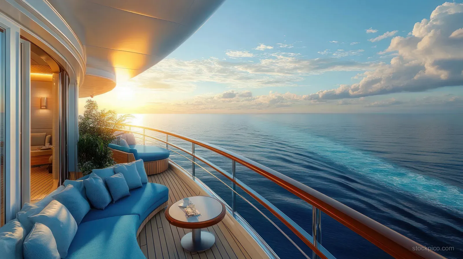 Blue cushioned yacht balcony seating curves along the deck overlooking calm ocean water at sunset.