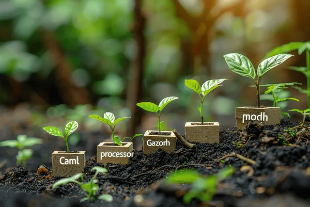 Green seedlings sprouting from soil beside coin stacks and an upward growth graph