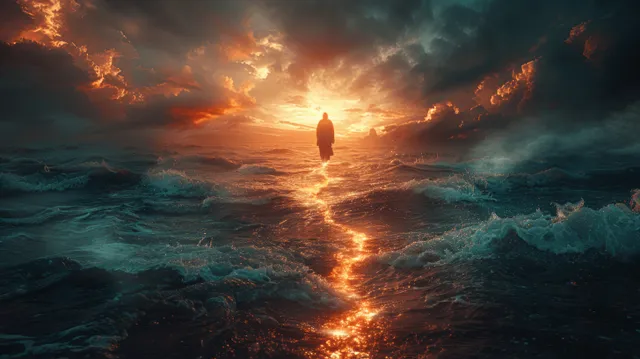 Jesus walks on glowing water amid turbulent storm waves under a dark sky with golden light reflections.