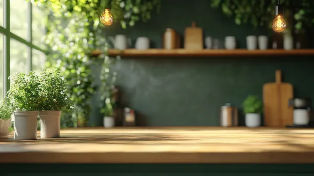 Wooden kitchen countertop with potted greenery and warm pendant lights, with the back shelves softly blurred.