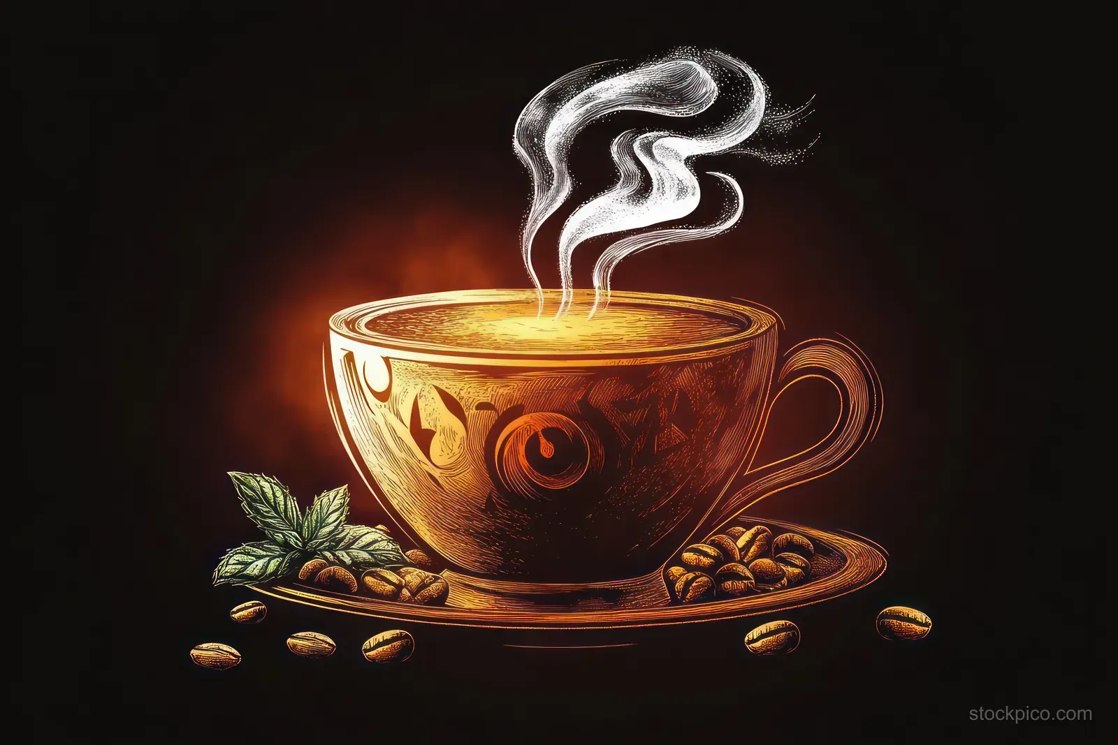 Steaming coffee cup on a saucer with roasted beans and a mint sprig against a dark background.