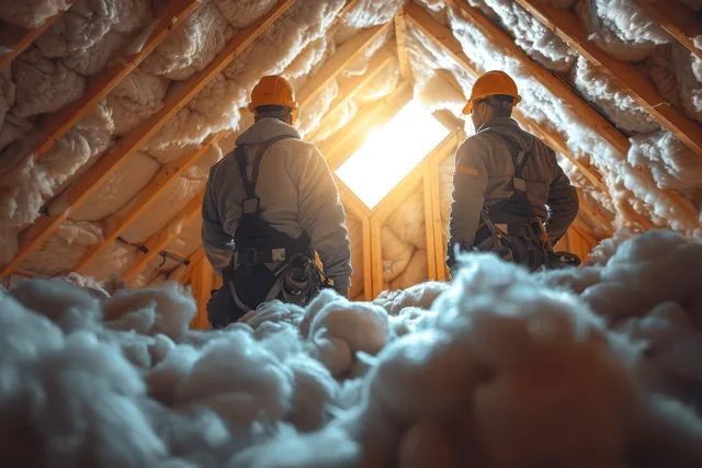 Two hard-hat workers install insulation inside an attic with a skylight shining through rafters.