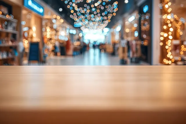Empty wooden table in the foreground with a blurred indoor shopping mall decorated by hanging lights and bright store signs.