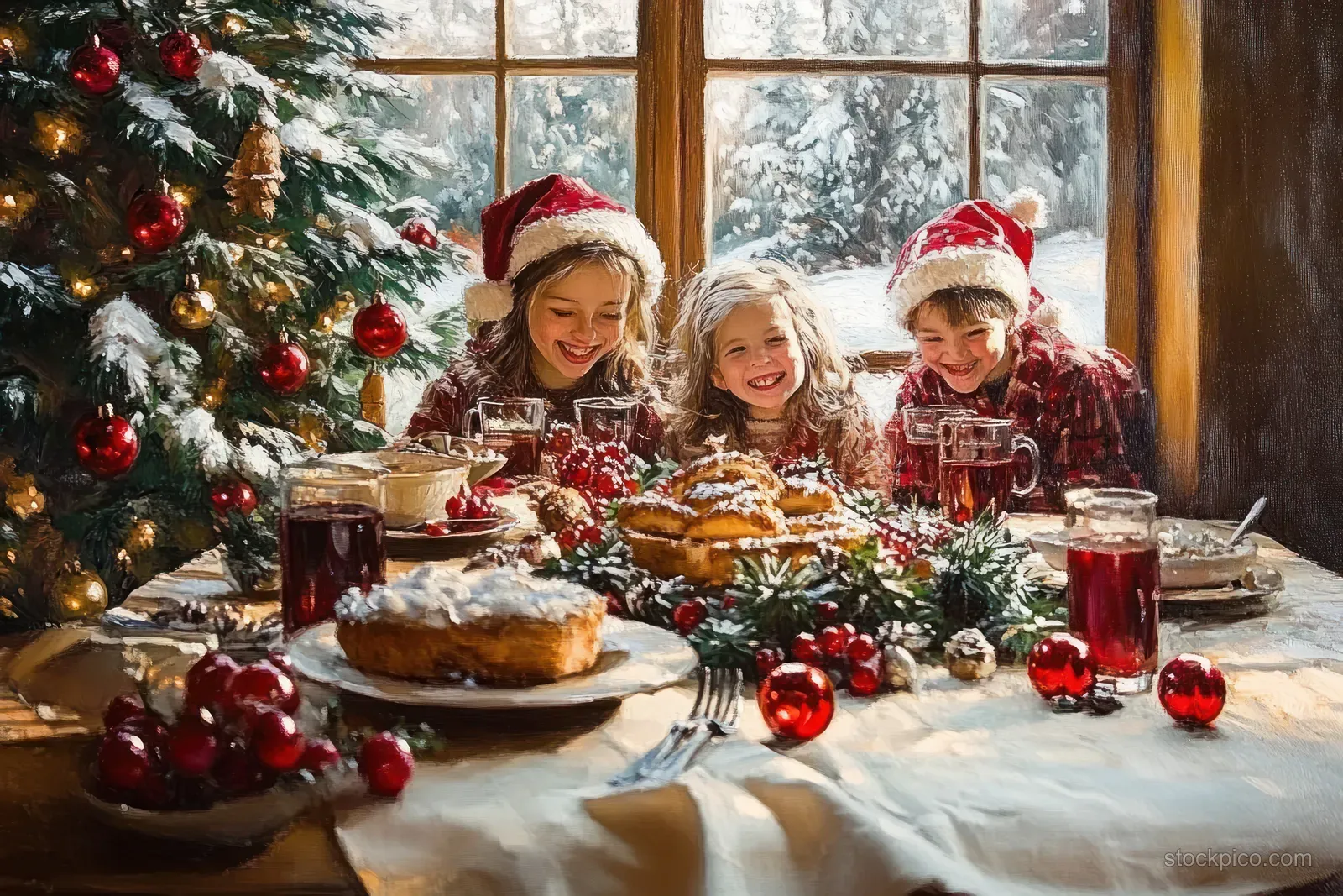 Three children in Santa hats sit by a decorated Christmas table with pastries and drinks while snow is visible outside the window.