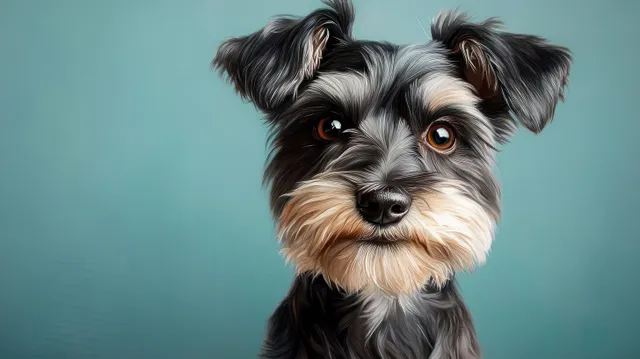 Small black and tan dog with a fluffy beard and expressive eyes looking at the camera against a soft blue background.