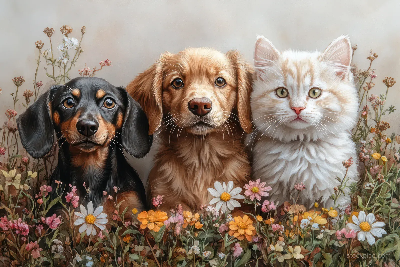 Watercolor pets including a dachshund puppy, golden retriever, and tabby cat sitting among blooming spring flowers.