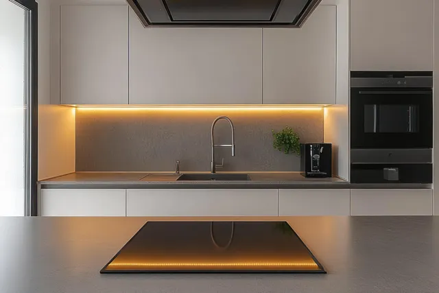 Minimalist white kitchen interior with integrated sink, built-in oven, black cooktop island, warm under-cabinet lights, and a small green plant.