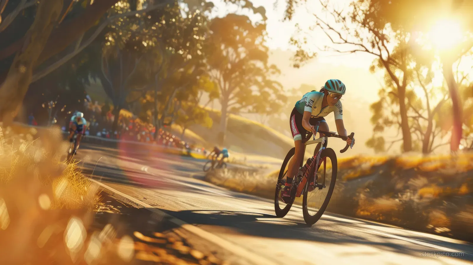 A woman cyclist races on a sunlit road with dust swirling behind and other riders in the distance.