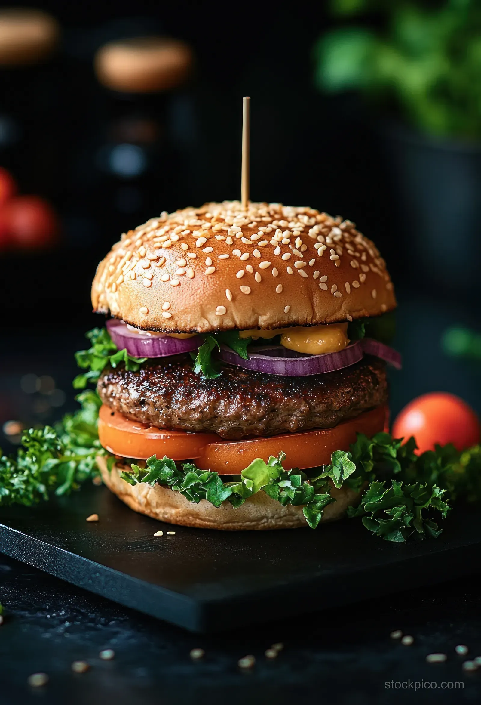 Vegetarian burger on dark slate with sesame bun, tomato slices, leafy greens, and a cheese-topped patty.